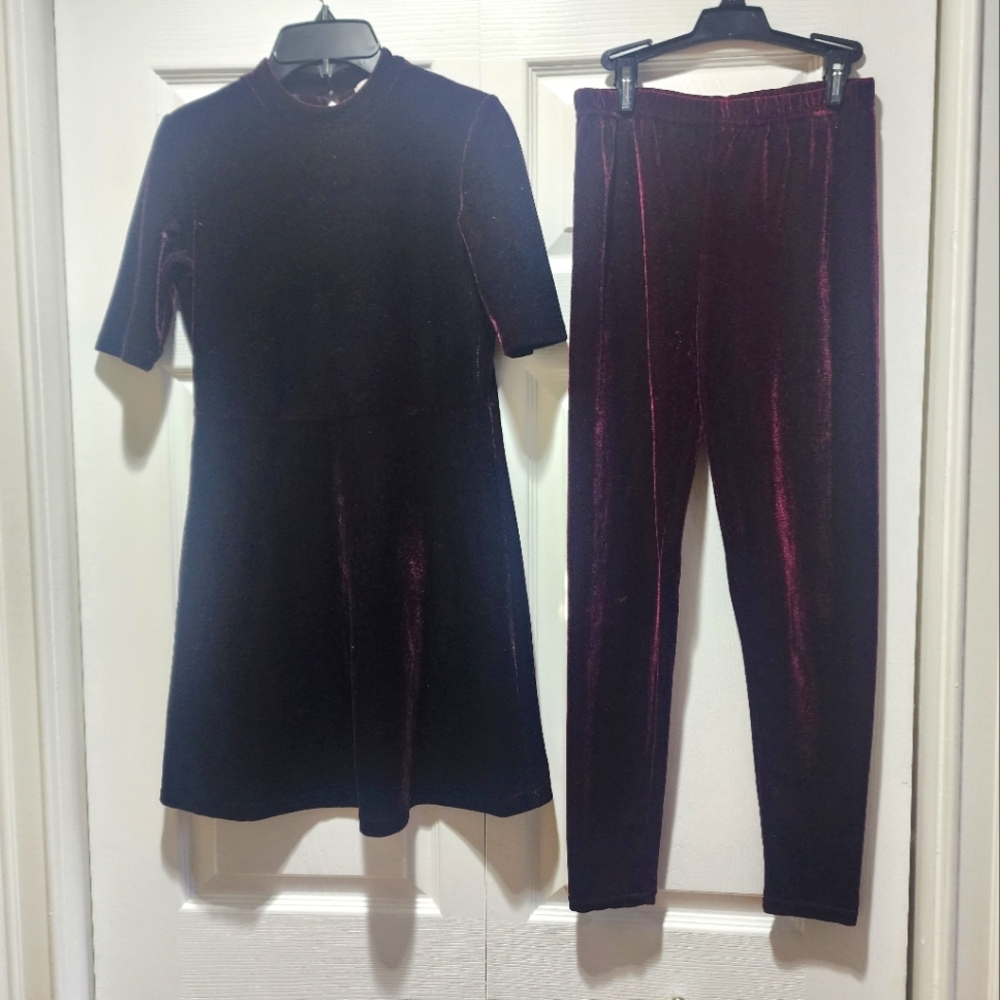 Chic Velvet Dress and Pants Set in Rich Burgundy.  Very smart look!